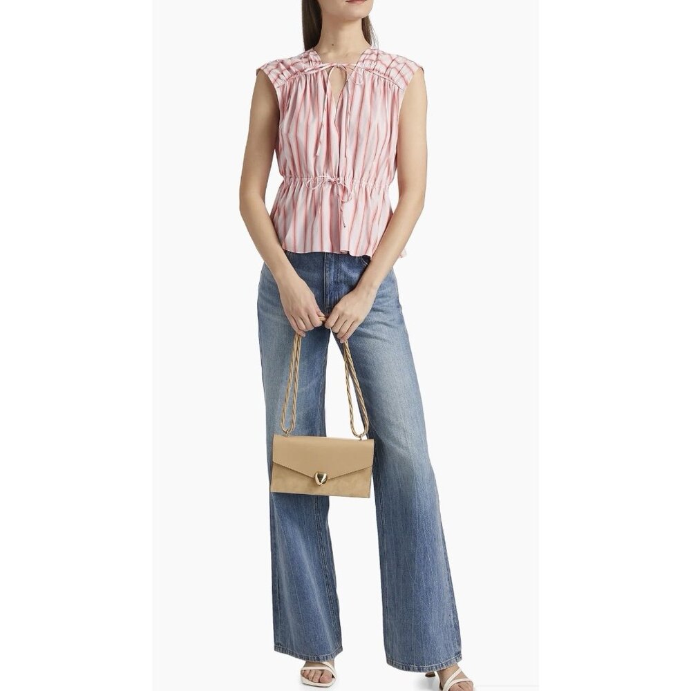 Derek Lam 10 Crosby Pink Multi Striped Cotton Smocked Elastic Top XS New